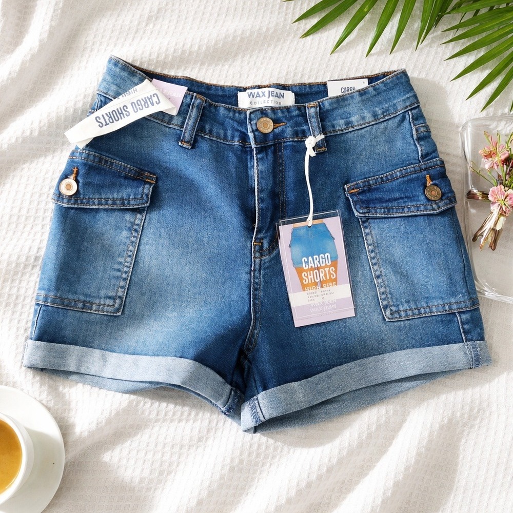 Wax Jean M Medium Wash‎ High Rise Cargo Denim Shorts 90350 Womens NWT